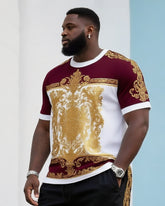 Big & Tall Men's Daily Casual Color Matching. Vintage Bronzing Printed Crewneck T-Shirt Shorts Suit